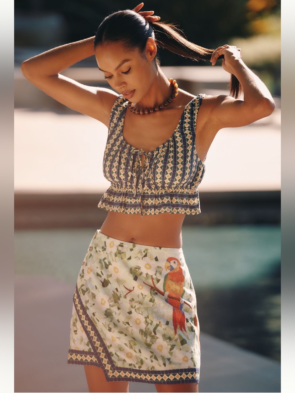 Anthropologie Celandine Two-Piece Tropical Crop Top & Parrot Print Skirt Set - M